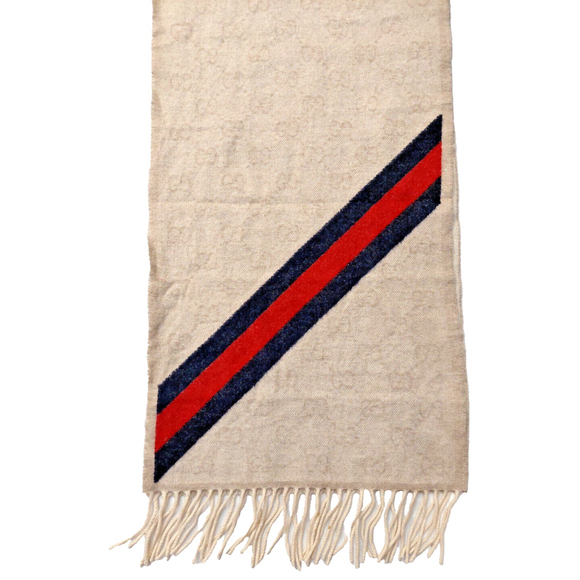 Gucci Classic Beige GG Print Blue & Red Stripe Scarf Pre-owned - Picture 8 of 14